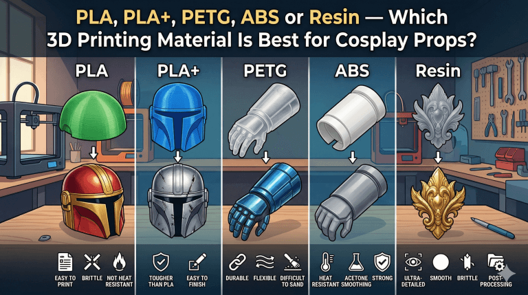 3D printing materials for cosplay props — PLA PETG ABS resin comparison — Printed Props Workshop